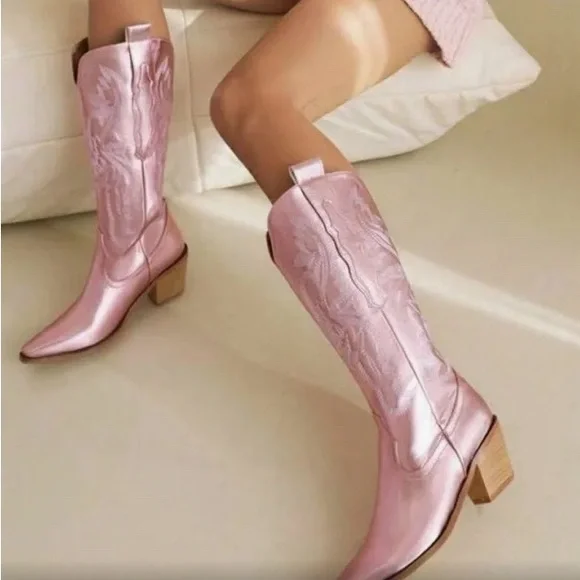 Gianni Bini Brush Metallic Matte Western Knee High Cowgirl Boots Baby Pink - Picture 2 of 7